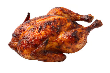 A whole roasted chicken with crispy skin isolated on a white background in studio lighting