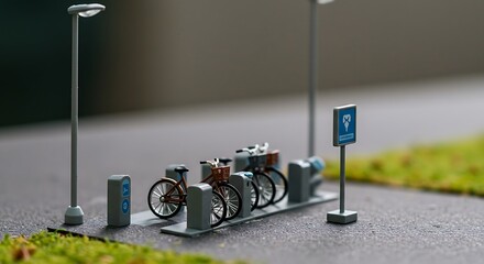 A detailed scale model of a modern urban bicycle parking station with electric bike charging infrastructure.