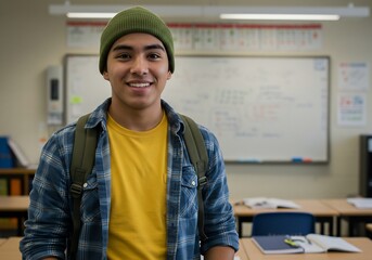 Portrait of a Confident Teen Student in a Green Beanie Smiling in a Bright Classroom