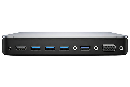 Modern laptop docking station with USB and video display ports isolated on a transparent background