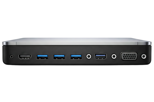 Modern laptop docking station with USB and video display ports isolated on a transparent background