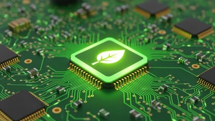 A cpu microchip with a glowing green leaf icon on a circuit board symbolizes sustainable green technology and eco-friendly energy efficient computing for a better future - Powered by Adobe