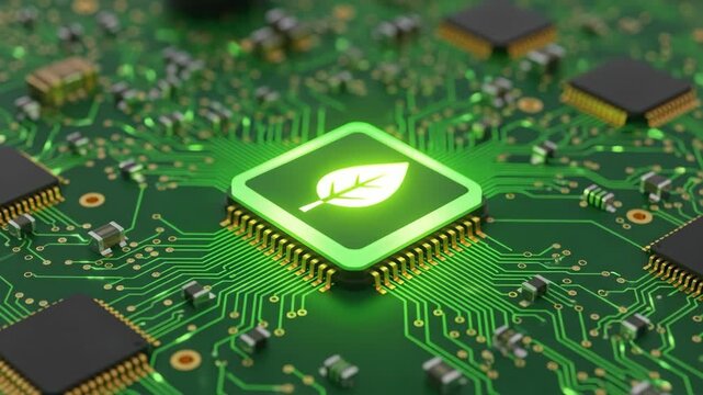 A cpu microchip with a glowing green leaf icon on a circuit board symbolizes sustainable green technology and eco-friendly energy efficient computing for a better future