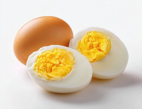 A whole brown egg beside two halves of a hard-boiled egg, showcasing a bright yellow yolk and firm white. The eggs rest on a stark white background