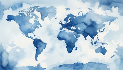 World map painted in blue watercolor with textured background