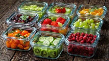 Assorted fresh fruits and vegetables in clear glass containers on a dark wooden surface