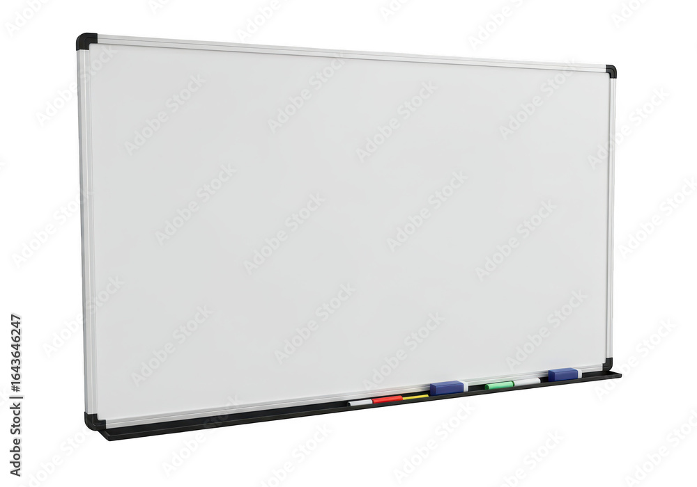 Poster whiteboard with markers and erasers isolated on transparent background