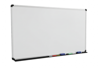 Whiteboard with markers and erasers isolated on transparent background