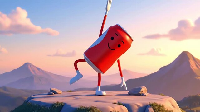Whimsical Animated Soda Can Finds Zen with a Morning Yoga Pose on a Scenic Mountain Top.