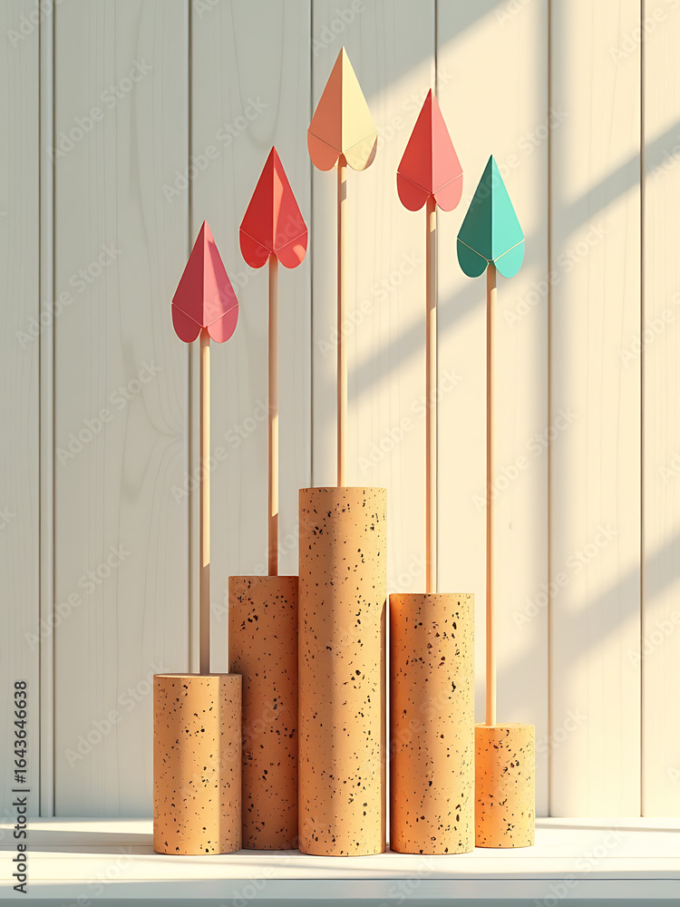 Poster cluster arrows shoots upwards set distressed cork columns illuminated soft morning light casting war