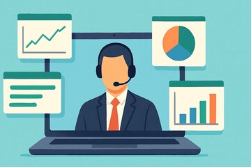 Professional analyst presenting data insights with charts and graphs on laptop screen