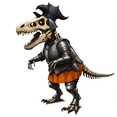 Armored Dino Skeleton Ready for Halloween Celebration Isolated on White.