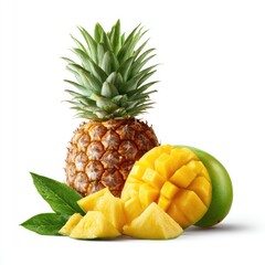 A whole pineapple and mango, with pineapple chunks, rest on a white background, alongside vibrant green leaves