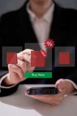Person using smartphone laptop for online shopping black friday sale discount mid year sale year end price tag technology lifestyle at home business concept