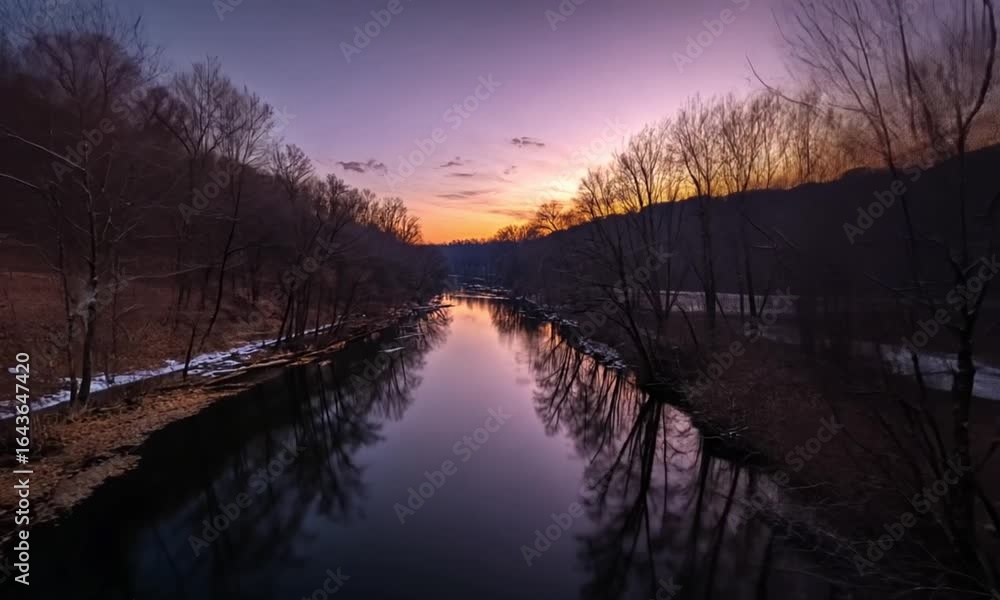 Poster serene twilight scene featuring a calm river reflecting the colorful sunset sky. bare trees line the