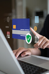 Person using smartphone laptop credit card for internet network online digital payment banking paying buying shopping e-commerce store at home financial technology concept