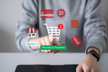 Client using smartphone laptop for online shopping purchase buy goods from store e-commerce lifestyle at home technology concept