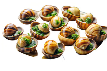 A delectable arrangement of escargots served in small wooden bowls with green herbs garnish