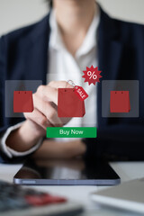 Online shopping lifestyle at home using laptop smartphone e-commerce business technology sale discount black friday mid year sale concept