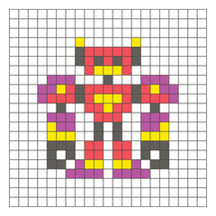 A flat pixel design made of geometric square color blocks on a clean grid layout. Pixel art robot