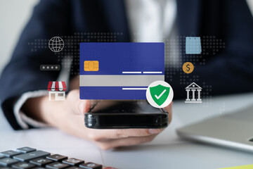 Person using smartphone laptop credit card for internet network online digital payment banking paying buying shopping e-commerce store at home financial technology concept