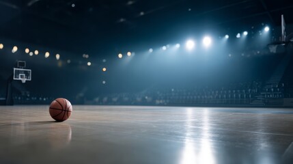 Lowangle shot of a basketball bouncing on polished hardwood court under bright arena spotlights with empty seating and copy space to the left, capturing dynamic action and vibrant atmosphere