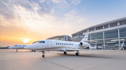 A sleek private jet parked at an airport during sunset, with a modern hangar in the background, showcasing luxury aviation.