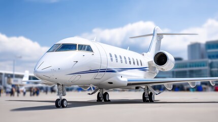 Fototapeta premium A sleek private jet parked on an airport tarmac, showcasing modern design and luxury travel.