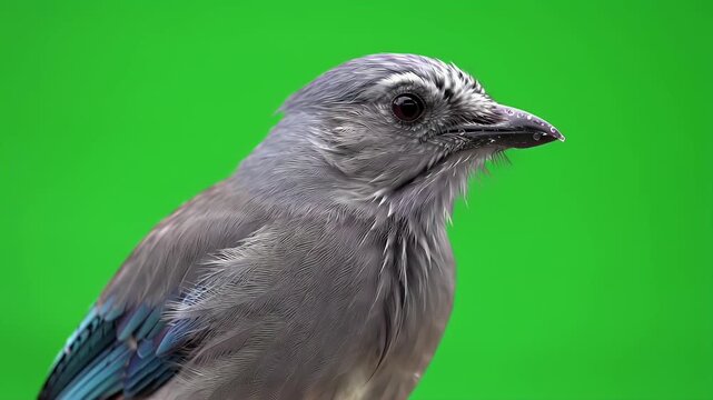 Detailed Close-Up of a Grey and Blue Jay Bird in Profile, Captured Against a Bright Green Screen Background for Easy Compositing and Wildlife Projects