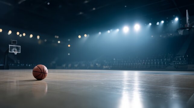 Lowangle shot of a basketball bouncing on polished hardwood court under bright arena spotlights with empty seating and copy space to the left, capturing dynamic action and vibrant atmosphere