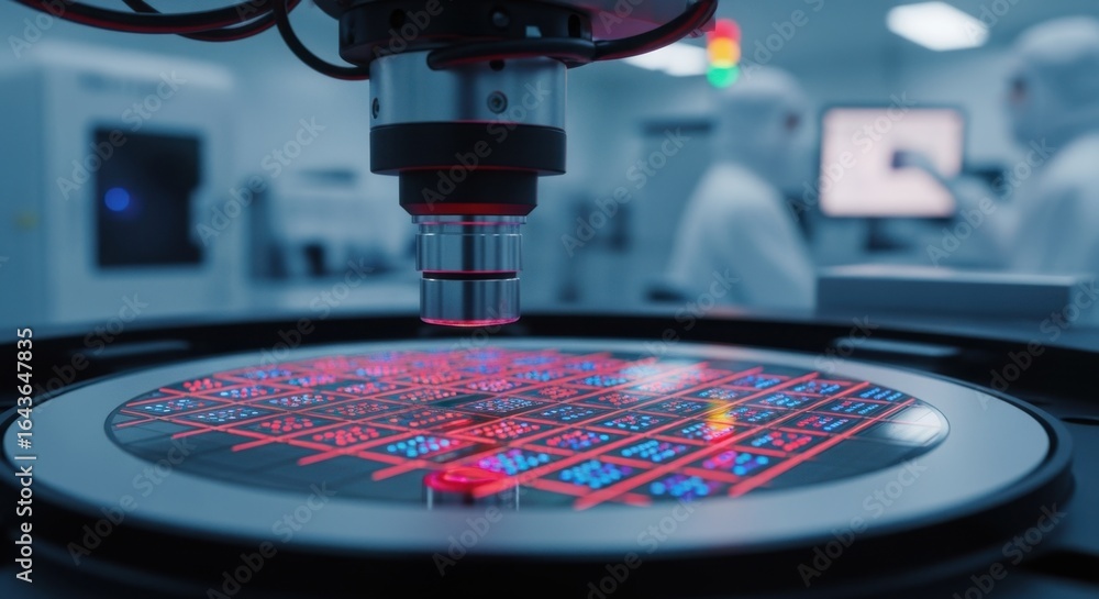 Poster ultramagnified image showing microled wafer pixel arrays during inprocess optical quality control.