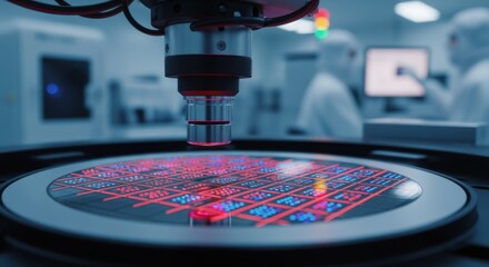 Ultramagnified image showing microLED wafer pixel arrays during inprocess optical quality control.