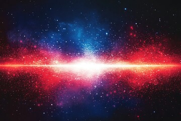 A vibrant cosmic scene depicts a brilliant, white-hot energy beam bisecting a nebula of red and blue hues, speckled with countless stars across a dark backdrop
