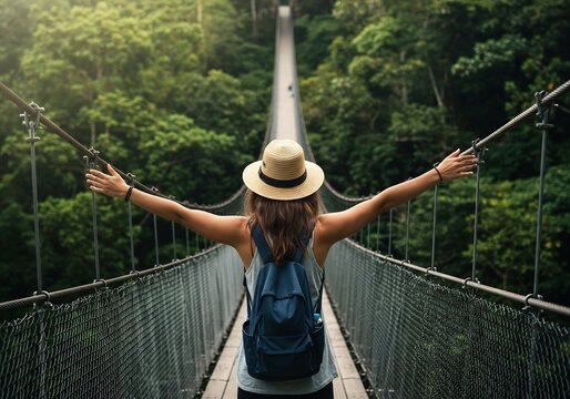 Fototapeta Adventurous Woman Embraces Freedom on a Long Suspension Bridge in the Jungle