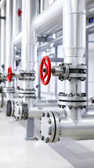 Complex industrial pipe system with valves in a factory