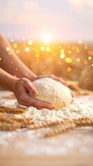 Hands kneading fresh dough in warm sunlight