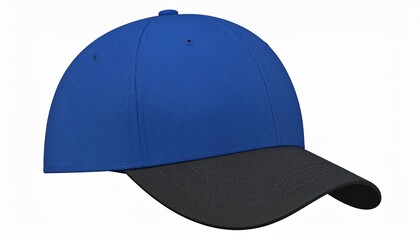 Fototapeta premium Blank royal blue and black two-tone baseball cap with a classic design, isolated on a white background. Perfect for mockup or template.