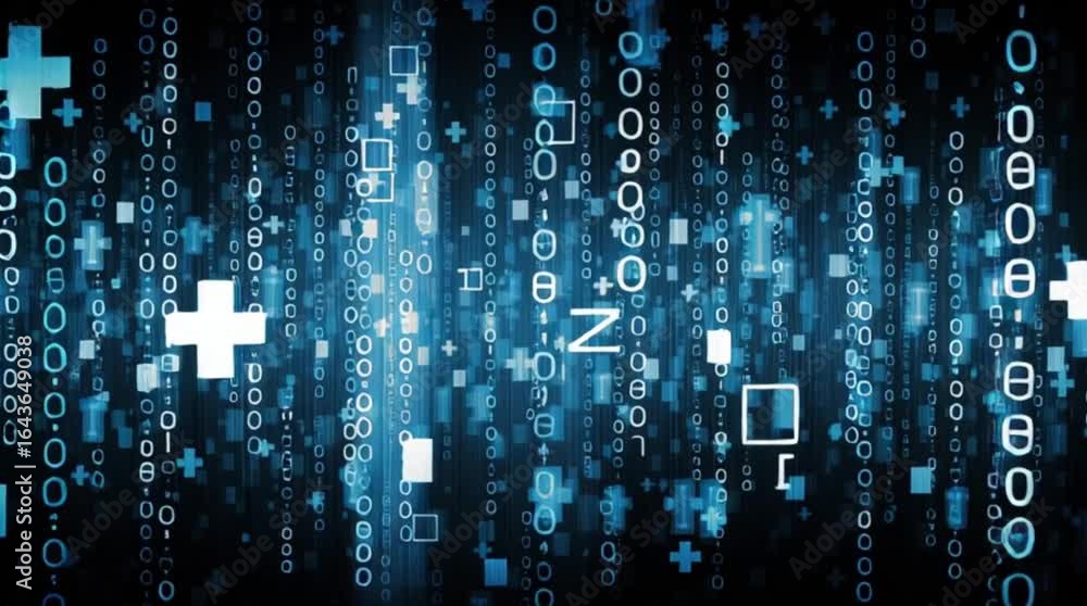 Poster abstract digital art depicting a cascading stream of glowing symbols, resembling binary code or a da