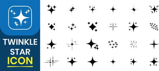 Stars twinkle vector icon set. Twinkle Star sparkle icon. Collection of bright fireworks, shiny flash, sparkles, shining burst, star burst, flash star. Vector illustration.	