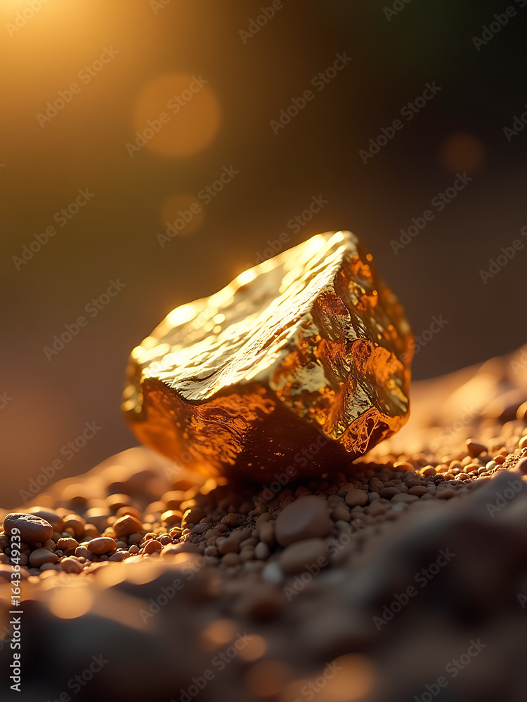 Poster golden nugget shines prominently blurred backdrop lit soft diffused light casting warm shadows