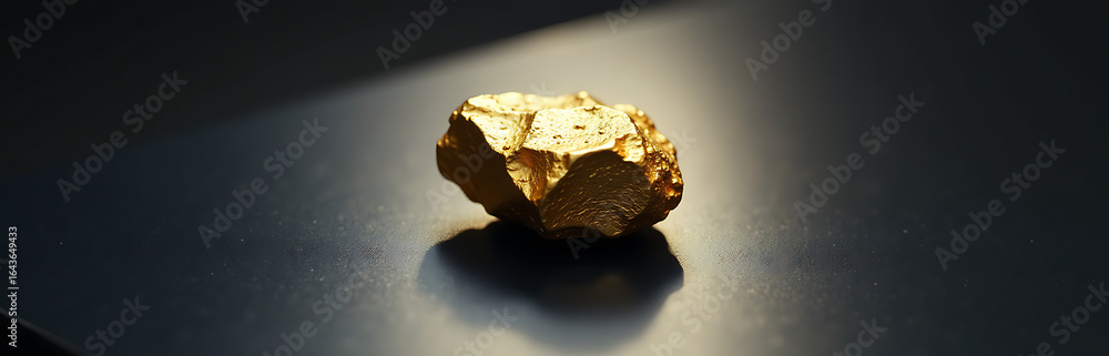 Poster gold nugget rests atop sleek dark metal surface casting subtle highlights soft diffused overhead lig