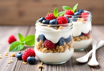 Two glass jars filled with yogurt , granola , raspberries , and blueberries , garnished with mint leaves , on a wooden surface