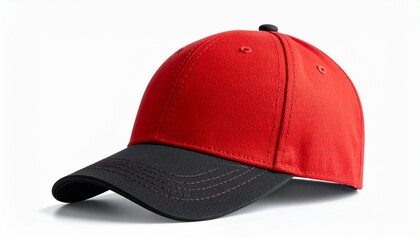 Fototapeta premium Classic red and black two-tone baseball cap with a dark visor, isolated on a clean white studio background. Modern sporty headwear accessory.