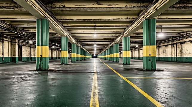 Empty Vintage Parking Garage Interior Perspective