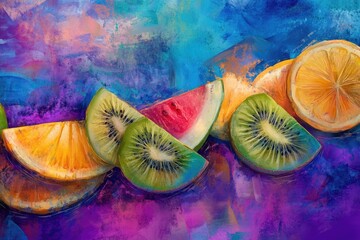 Vibrant, painterly depiction of juicy orange, watermelon, and kiwi slices arranged on a textured, colorful background of blues, purples, and pinks.  The style is expressive and slightly abstract