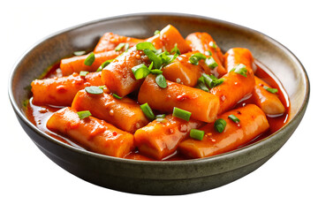 A bowl of tteokbokki with green onions and a spicy sauce on a white background close up shot