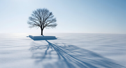 "Isolated tree on a snowy plain with long shadow under a pale winter sky"