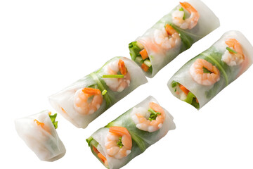 Close up of fresh spring rolls with shrimp and vegetables on a white background view