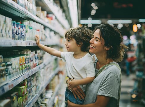 Mother and son shopping together in a supermarket aisle