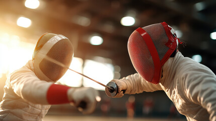 Fencers in protective gear engaging in sword fight with sunlight shining in background, showing intense focus and action